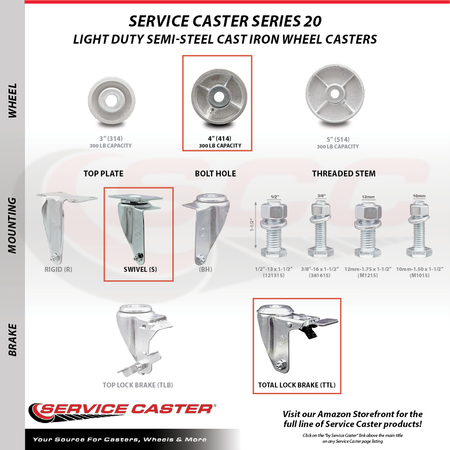 Service Caster 4 Inch Semi Steel Swivel Top Plate Caster Set with Total Lock Brake SCC SCC-TTL20S414-SSS-4